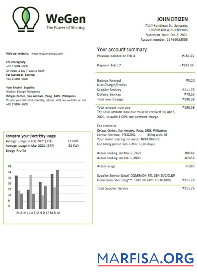 Downloadable Philippines WeGen Energy Philippines utility bill template in Word and PDF format